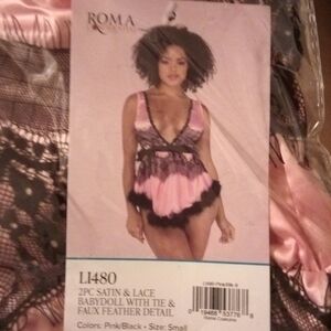 Roma Pink and Black Chemise with Sheer Lace and Bow